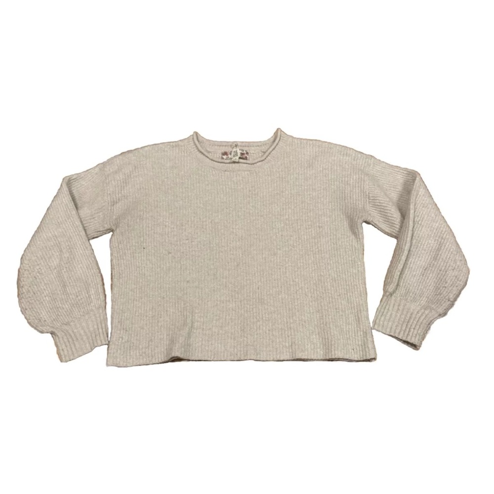 Pink Rose Cropped Ribbed Crewneck Pullover Sweater Oatmeal Beige Small S Boxy